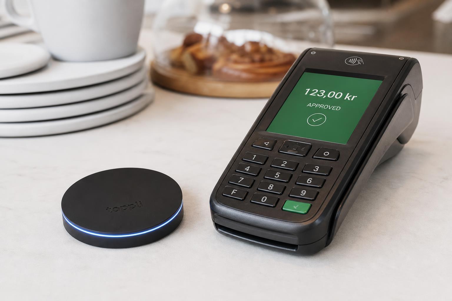 Tappli NFC puck next to a payment terminal
